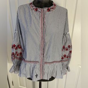 Mi Golondrina Hand Embroidered Striped Blouse Size Medium